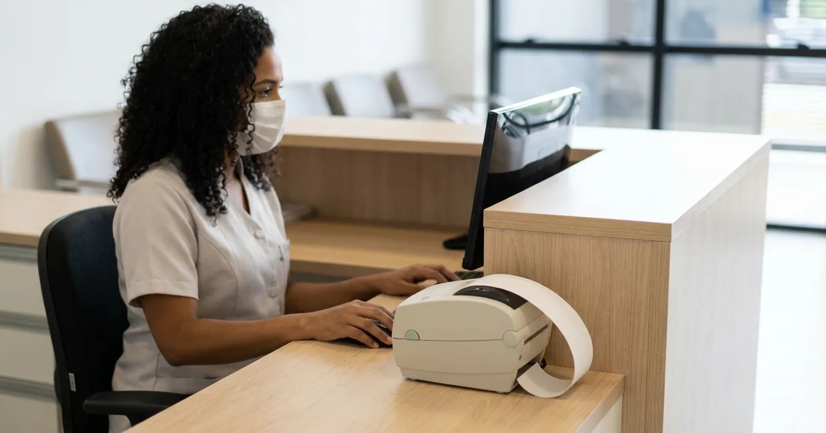 Recepcionista de clínica médica emitindo nota fiscal de serviço eletrônica no sistema de gestão